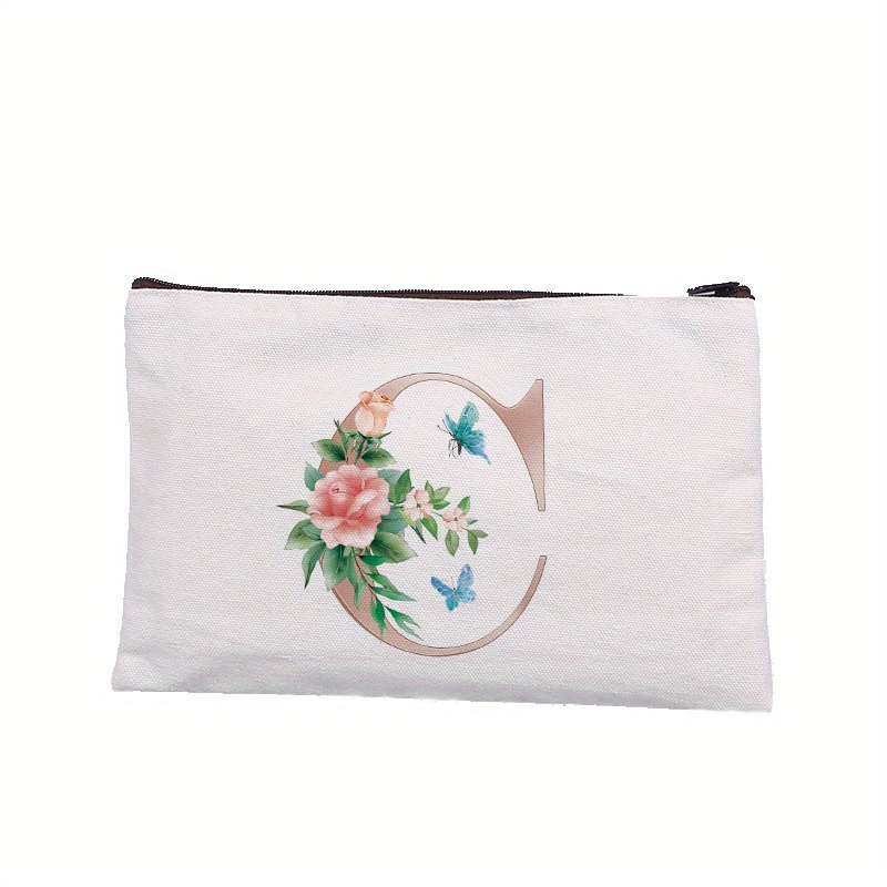Rose Letter Printed Cosmetic Bag Canvas Makeup Pouch Lightweight
