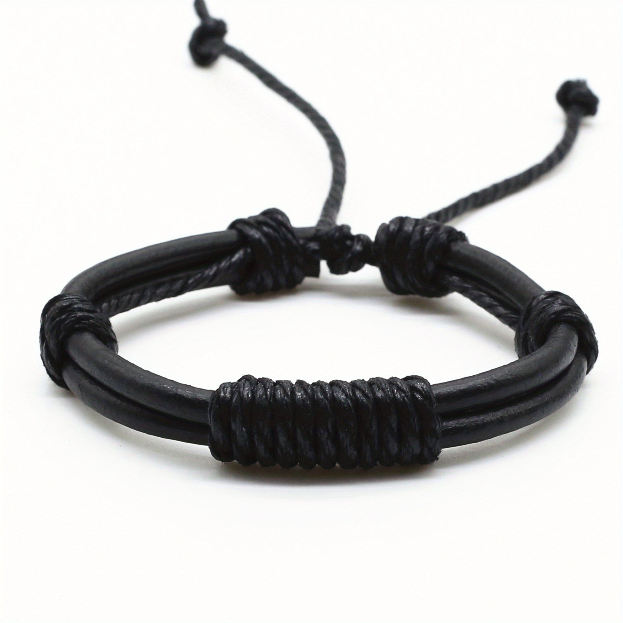 Mens Double Layer Braided Leather Bracelet With Adjustable