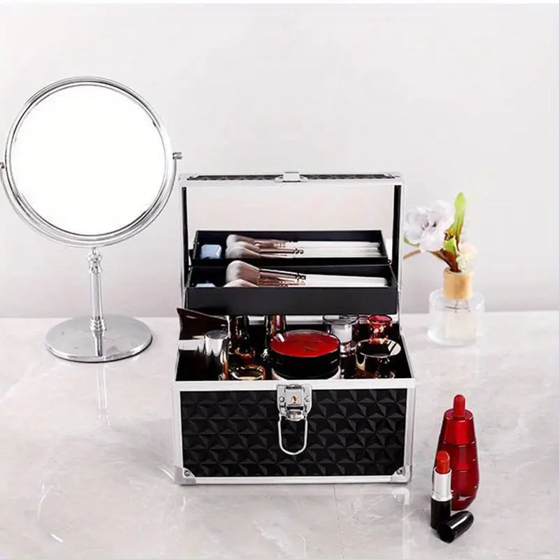 stay organized on the go 1pc travel portable large capacity vintage cosmetic storage bag double layer wash bag with mirror safety lock handle travel essentials details 2