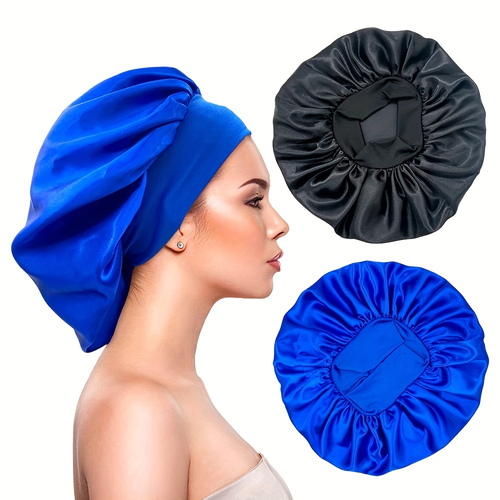 2pcs Large Satin Bonnet,silk Bonnet Hair Wrap For Sleeping, Sleep Cap With  Elastic Soft Band (black, Royal Blue)