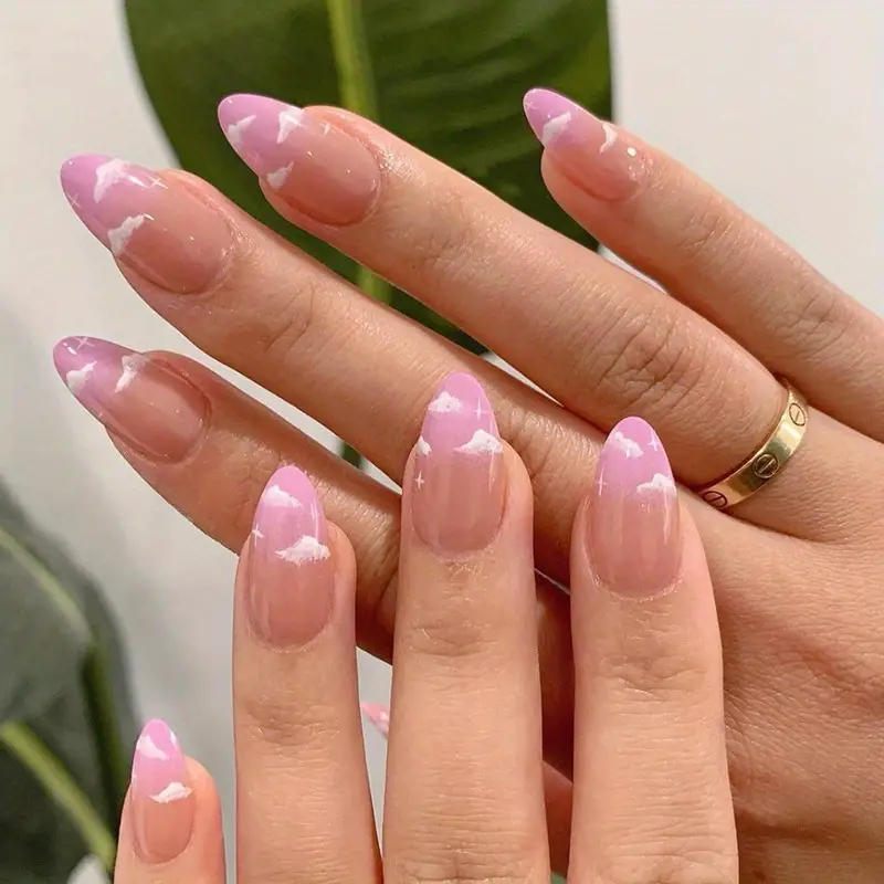 24 Pcs Almond Press on Nail with Cloud Designs, Medium Length * Nails Glossy * Glue on Nails Full Cover False Nails with Designs Acrylic Nails f