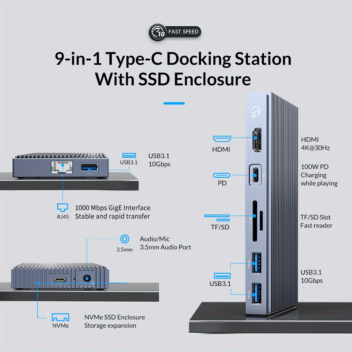 ORICO USB C HUB with External M.2 NVMe SSD Enclosure to 4K30Hz USB 3.1  10Gbps PD100 Charging RJ45 Adapter Type-C Docking Station