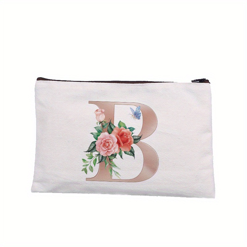 Rose Letter Printed Cosmetic Bag Canvas Makeup Pouch Lightweight
