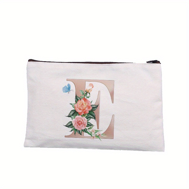 Rose Letter Printed Cosmetic Bag Canvas Makeup Pouch Lightweight