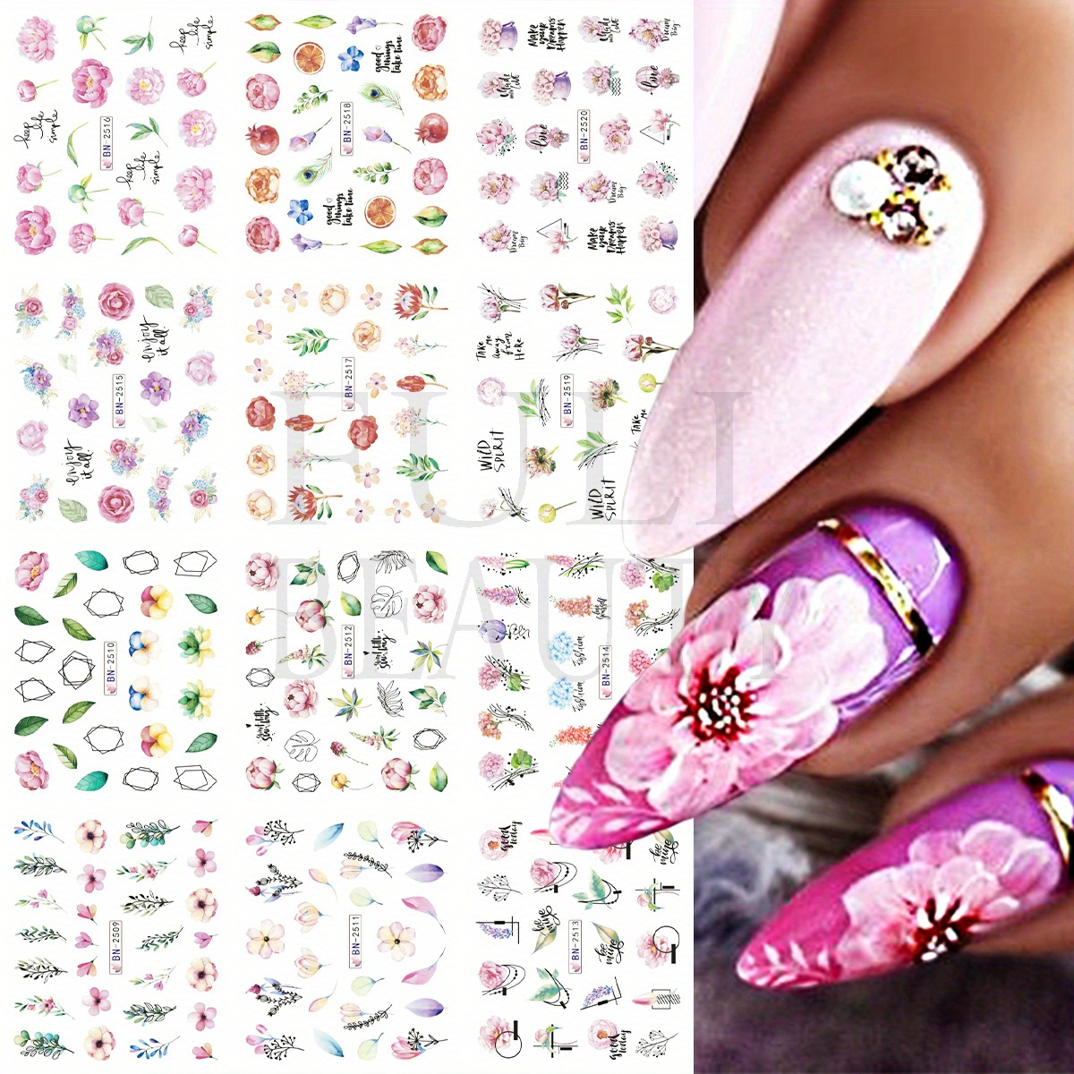 Nail Art Stickers Decals Flower Butterfly Green Leaf Design DIY