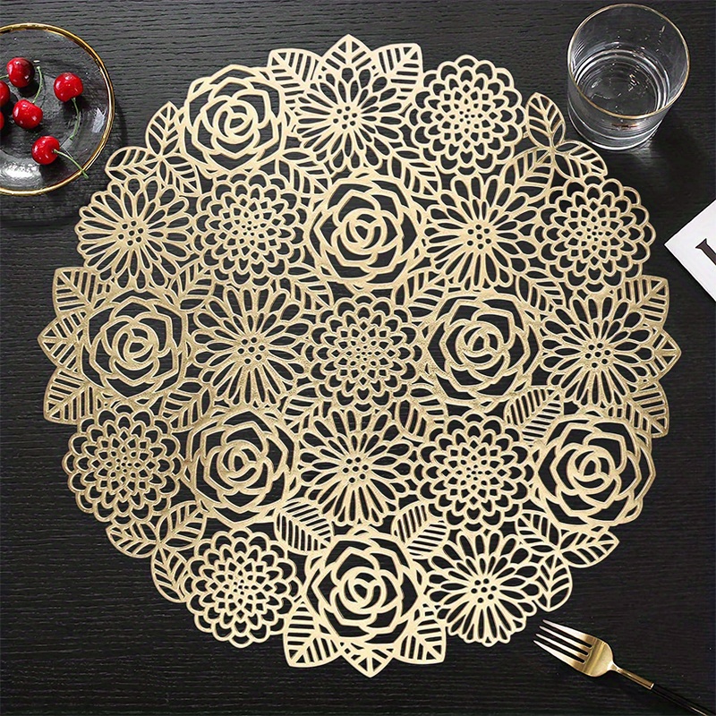 Round Golden Rose Flower Placemat, Sweet Tassel, Elegant Placemat