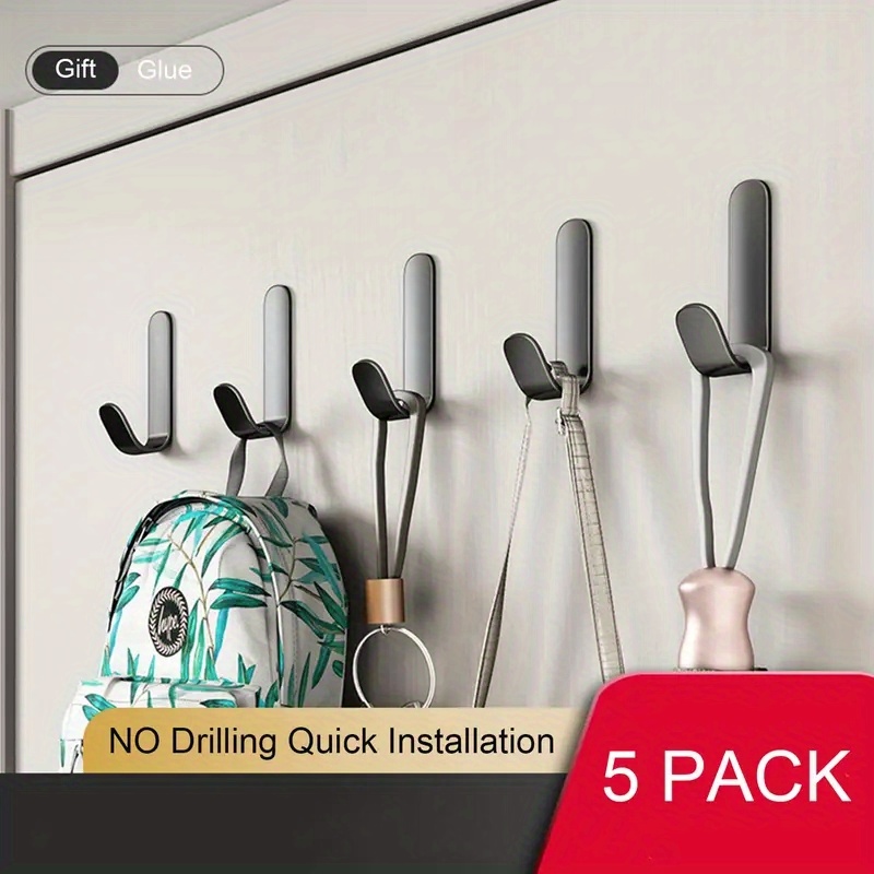 Adhesive Coat Hooks - No Drilling - Black - Pack Of 5