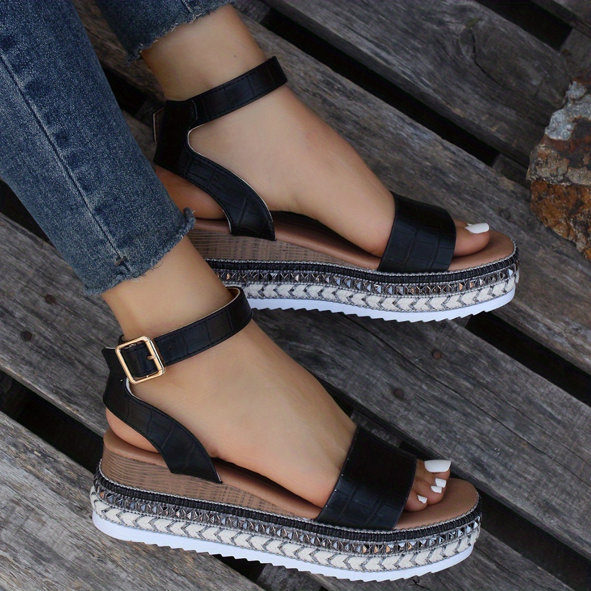 Women's Wedge Heeled Sandals, Open Toe Round Toe Ankle Strap Platform ...