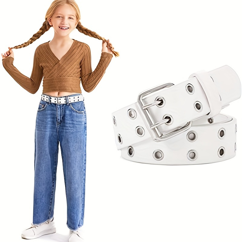 Double Grommet Belt for Girls and Boys, PU Leather Kids Double Studded Holes Belt for Jeans Pants, Trousers, Christmas Styling & Gift,Temu