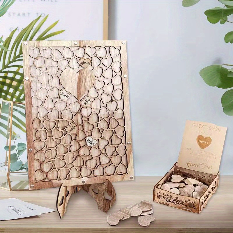 PAPA LONG Alternative Rustic Wooden Heart Wedding Guest Book with 42pc