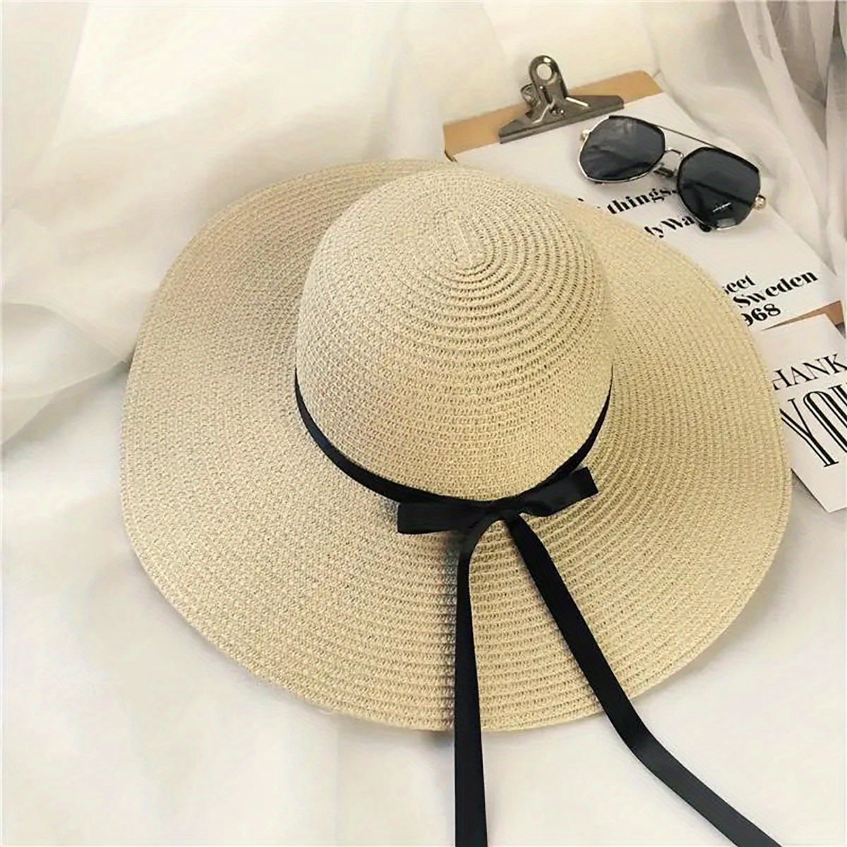 Straw Sun Hat Ribbon Bowknot Solid Sunscreen Beach Hats Floppy Foldable Cap
