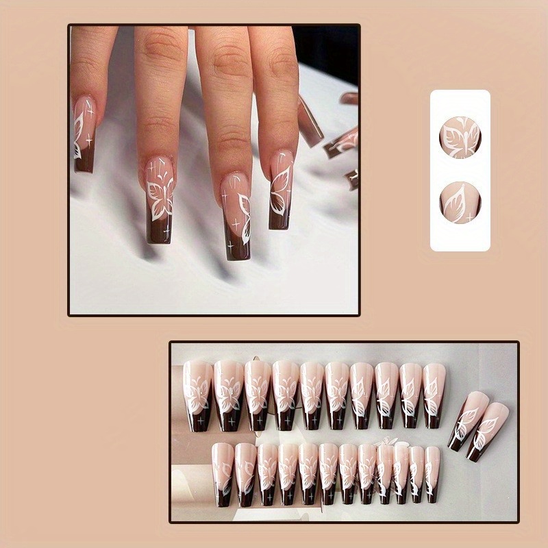 Pretty Glitter Finished Coffee Brown Press On Nails False Nails Medium  Length Coffin Women Girls Nail Art Tips Salon DIY Manicure Reusable Fake  Nails