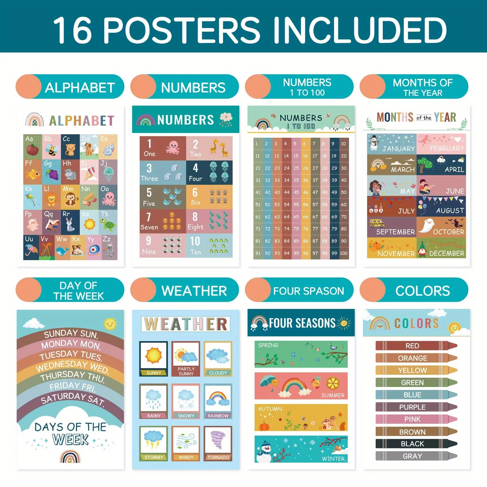 16 Boho Kids Educational Posters For Toddlers Teacher Posters For