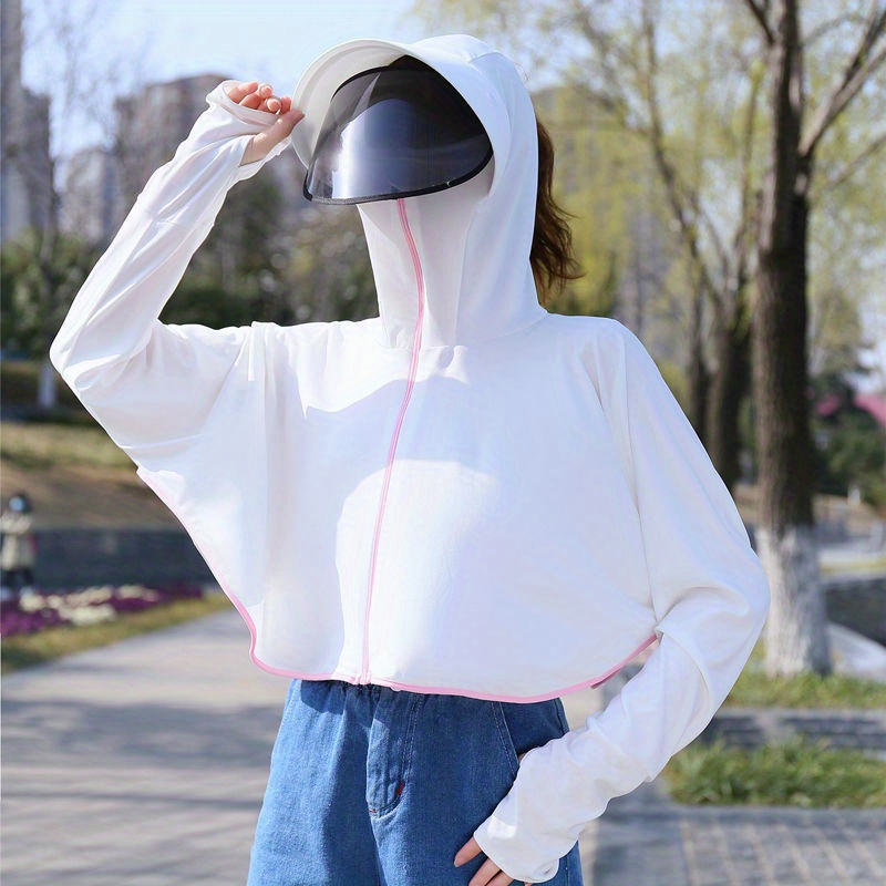 Plain Hooded Long Sleeve Sun Protection Clothing Ice Silk - Temu