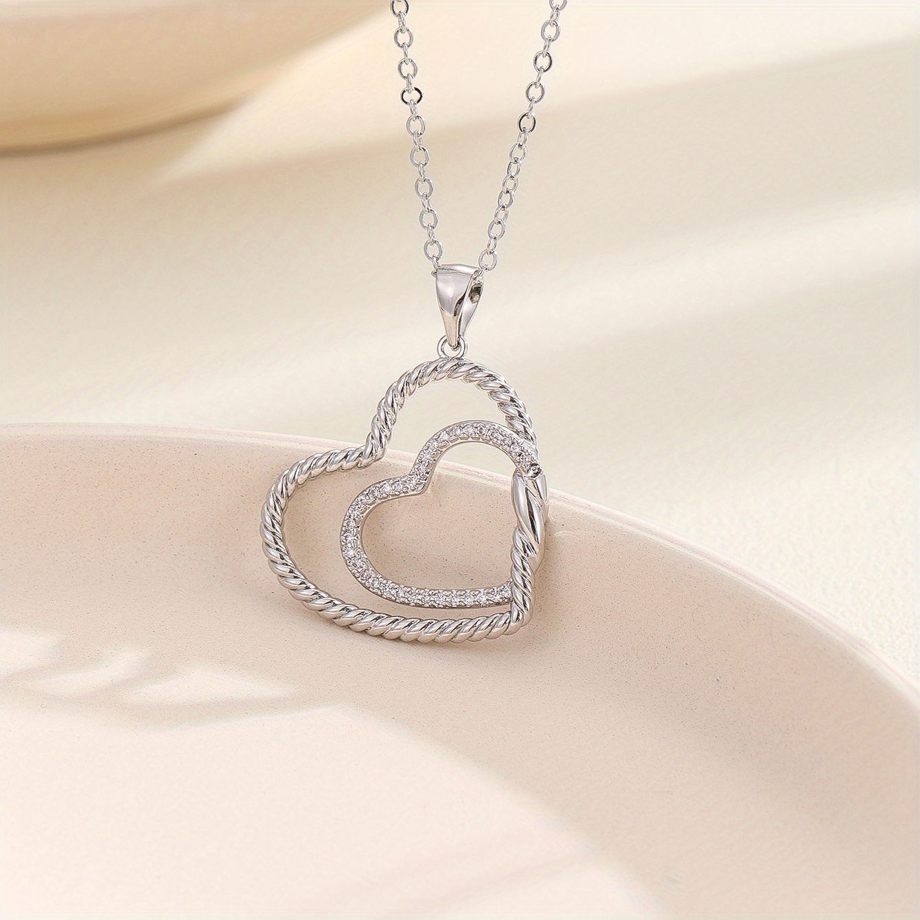 Pendentif Cœur Double En Argent 925 - Zircons Blancs - Collier à Chaîne Gourmette - Wpf-schmuck