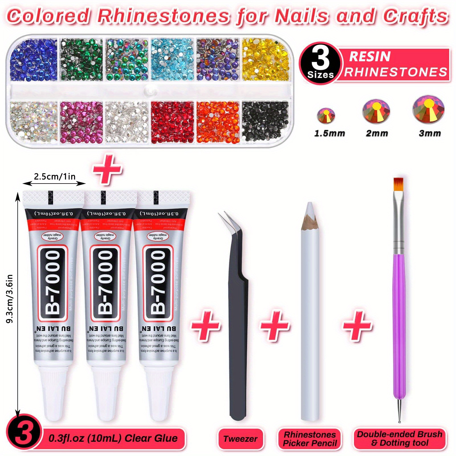 B7000 Jewelry Adhesive Glue with Rhinestones for Crafts, 2100Pcs Flat A. Clear