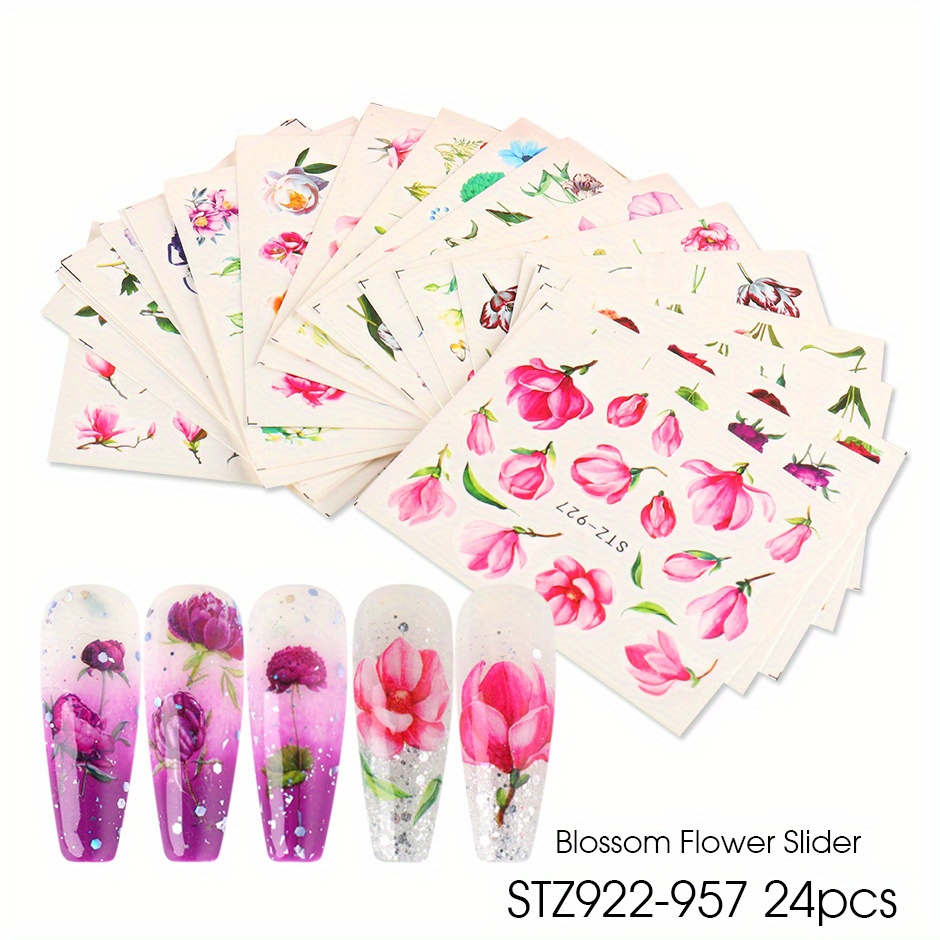 24 Sheets Summer Flower Nail Art Stickers Self Adhesive Decals