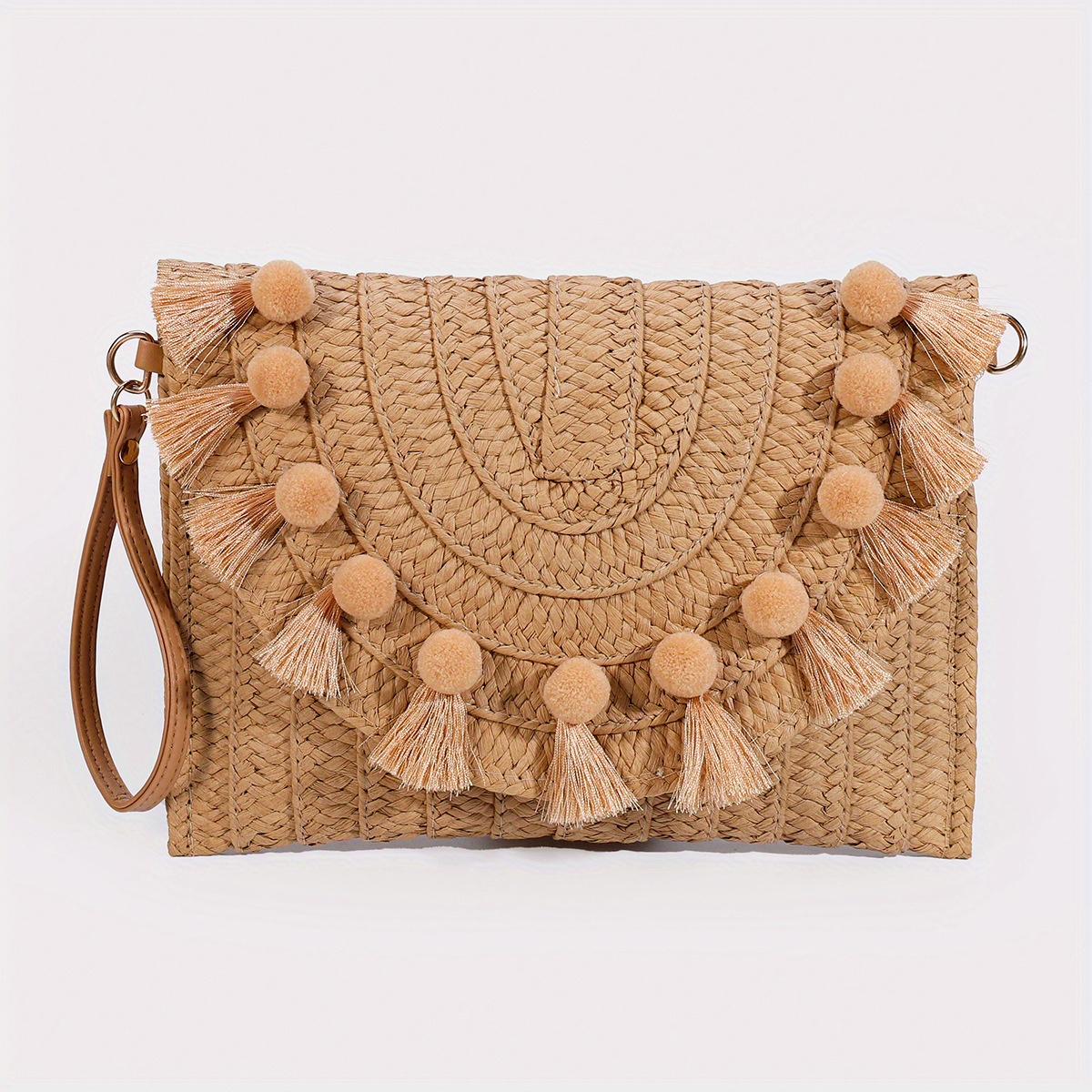 Straw Shoulder Bag Straw Clutch Women Hand-Woven Pompom Straw Crossbody Bag Summer Beach Envelope Purse Wallet