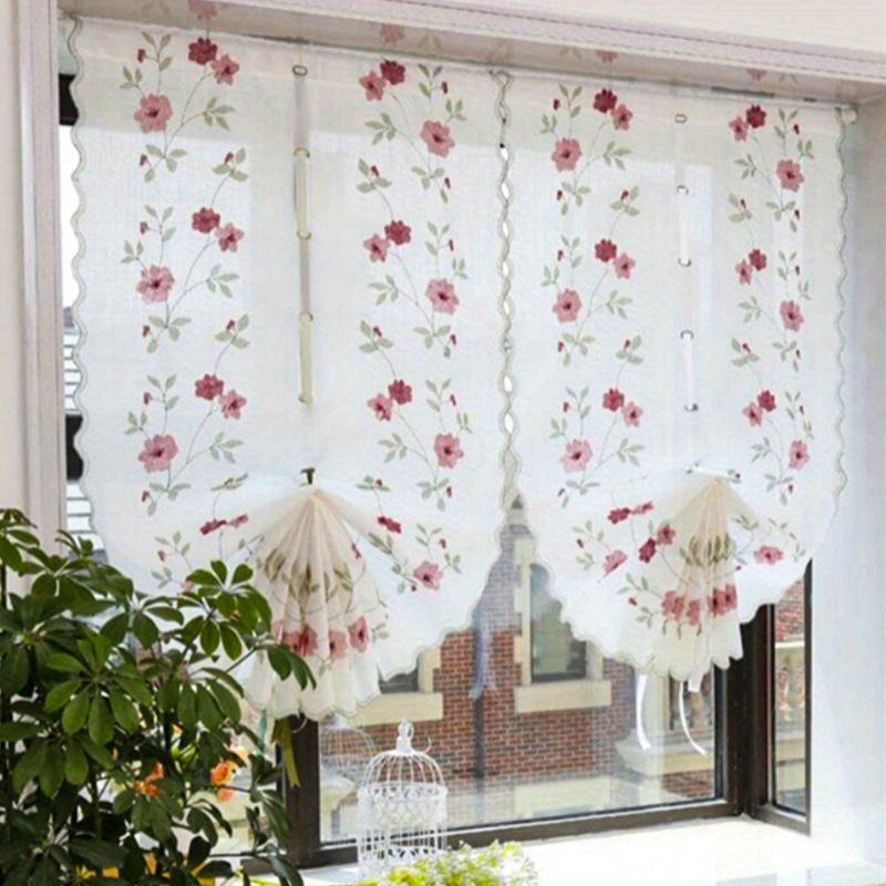 1pc elegant red flower embroidery roman curtain for living room bedroom kitchen perfect   kitchen home decor details 0