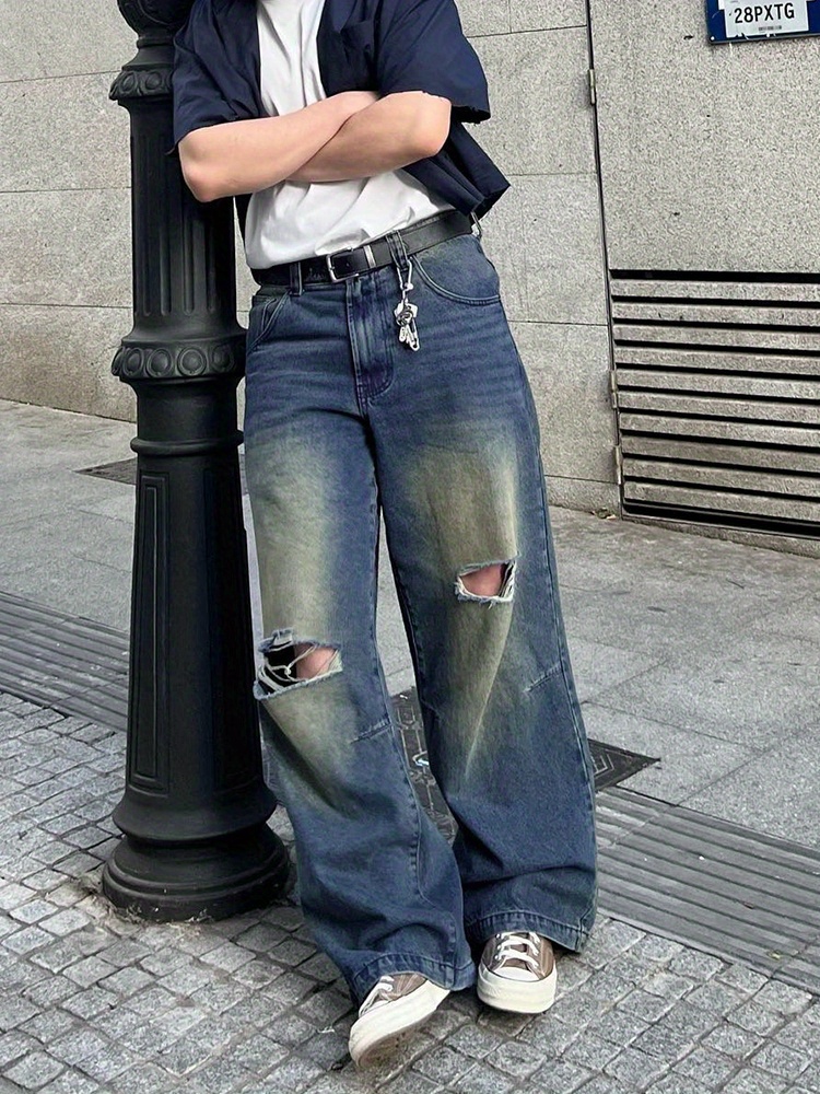 Loose Fit Ripped Baggy Jeans Pantalones Mezclilla Pierna - Temu Chile