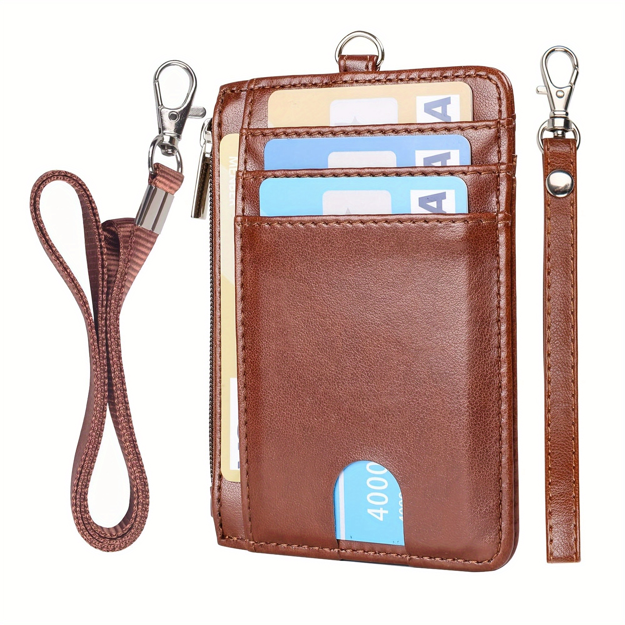Life-Mate Badge Holder - Leather ID Card Holder Wallet Case with 3 Cards Slot and Neck Lanyard/Strap. Additional Retractable Badge Reel with Belt