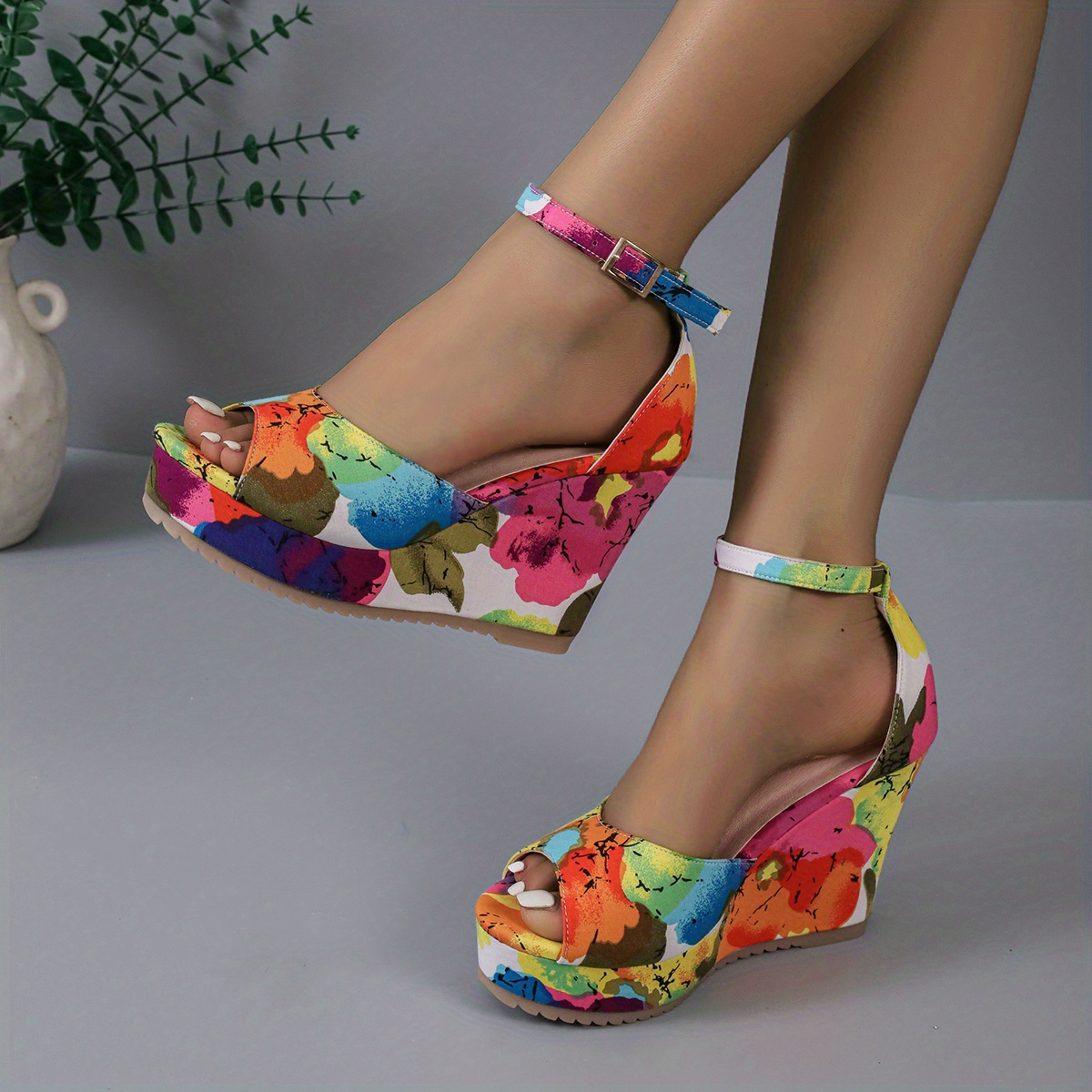 Women's Platform Wedge Heels Flower Ankle Strap Round Toe - Temu