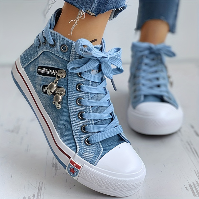 womens denim high top sneakers fashion skull zipper decor lace up shoes casual canvas shoes details 3