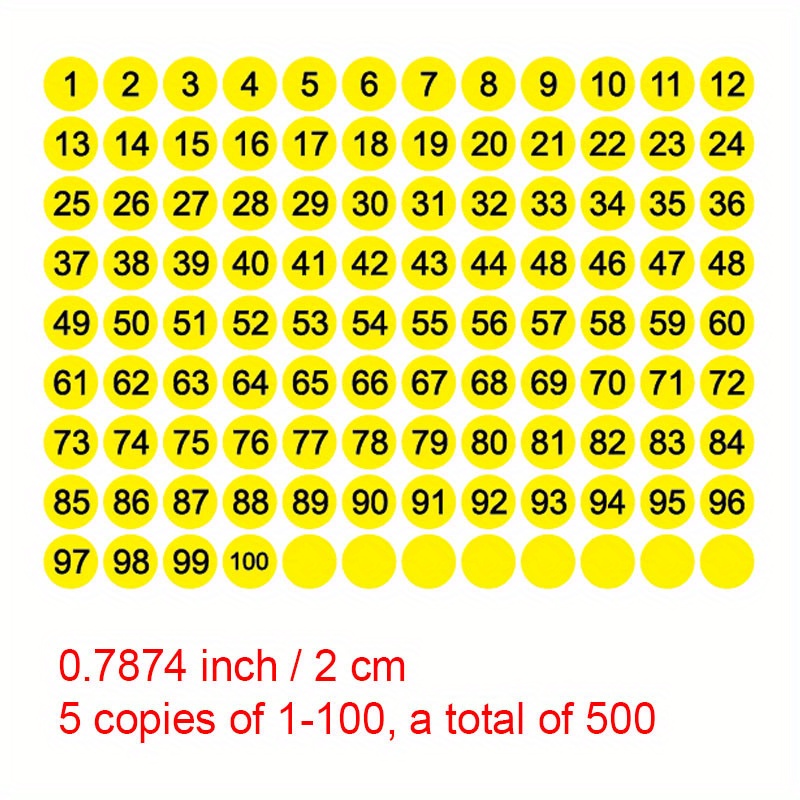 Number Stickers, 1-100 Round Number Labels Sticker Black on Yellow