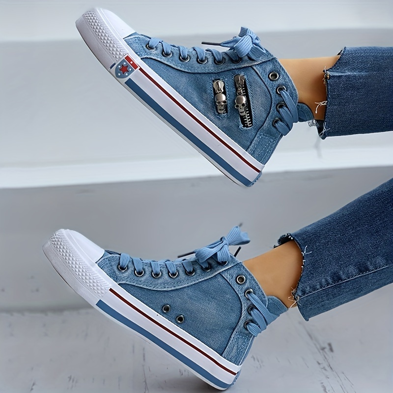 womens denim high top sneakers fashion skull zipper decor lace up shoes casual canvas shoes details 2