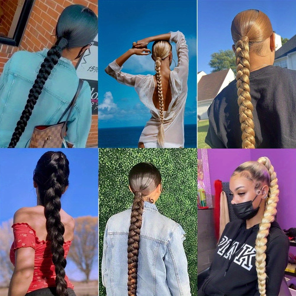 elegant long straight braided ponytail extension for women natural looking soft synthetic hair with high temperature fiber   around design   daily use ponytail hair extensions details 0