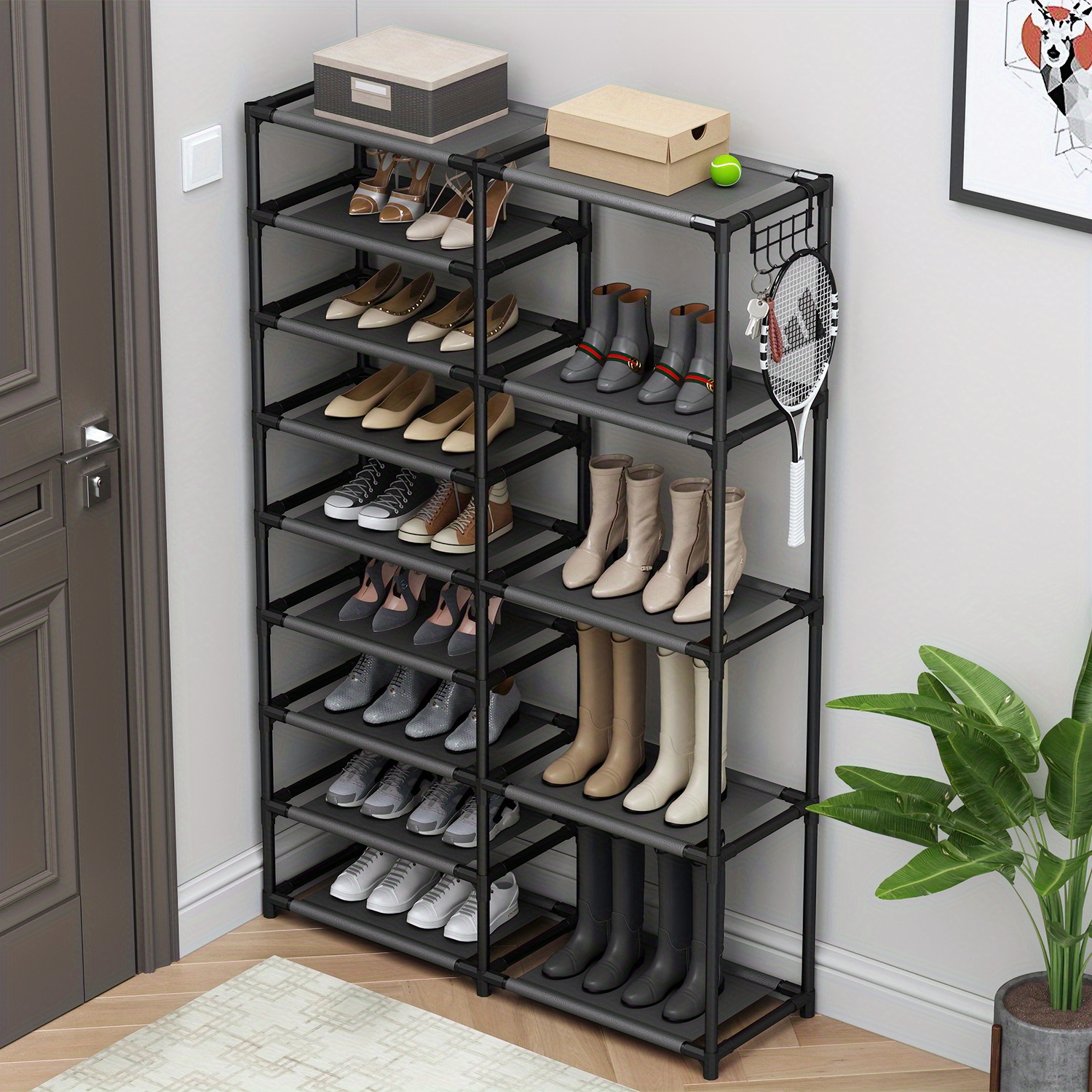 Image of Tall Shoe Rack, Garage Shoe Rack Large Capacity, Large Shoe Rack 2 Versatile Hooks, Shoe Rack Organizer, Big Shoe Rack Organizer Storage Boot Rack Shelf Black 24-35 Pairs