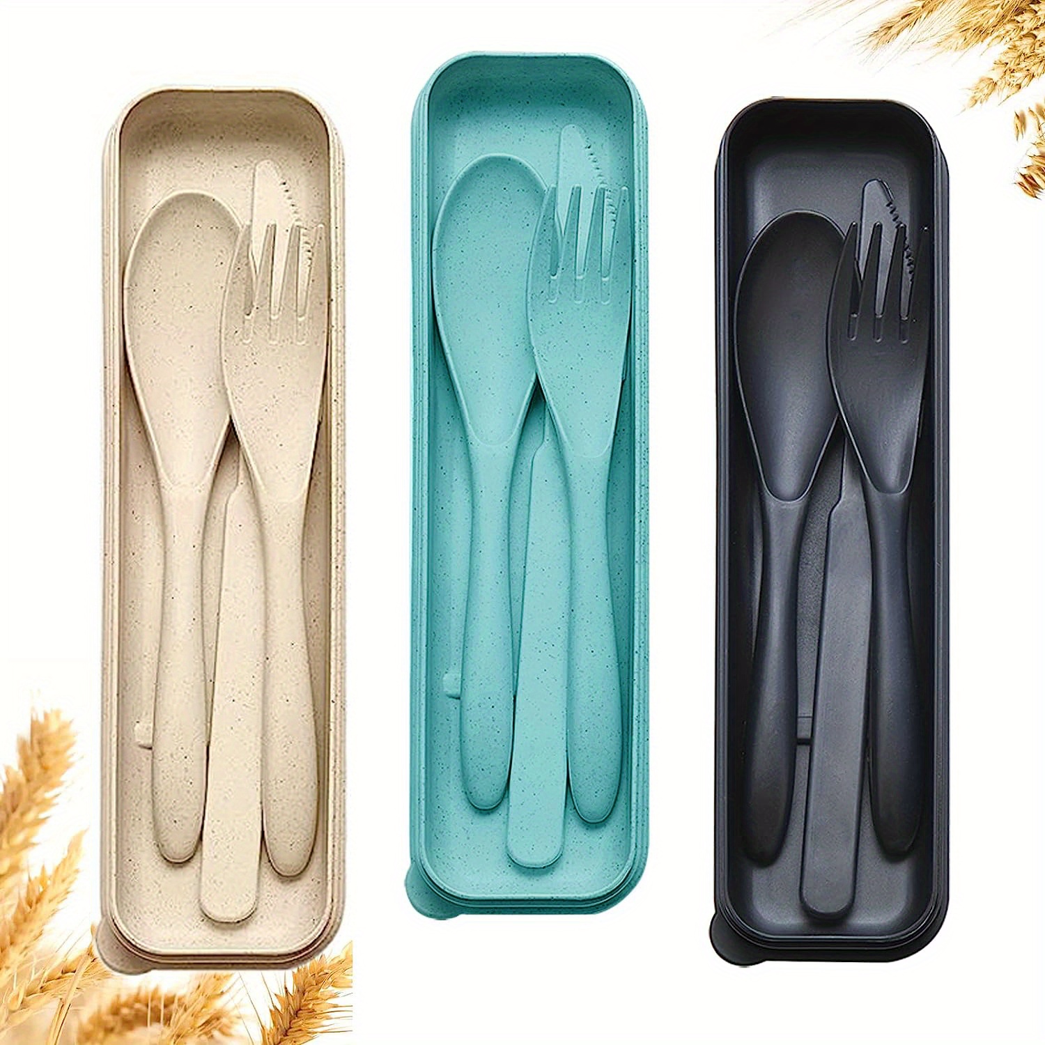 2 Sets Reusable Utensil Set with Case, Portable Camping Fork Knife Spoon Set,  Wheat Straw Travel