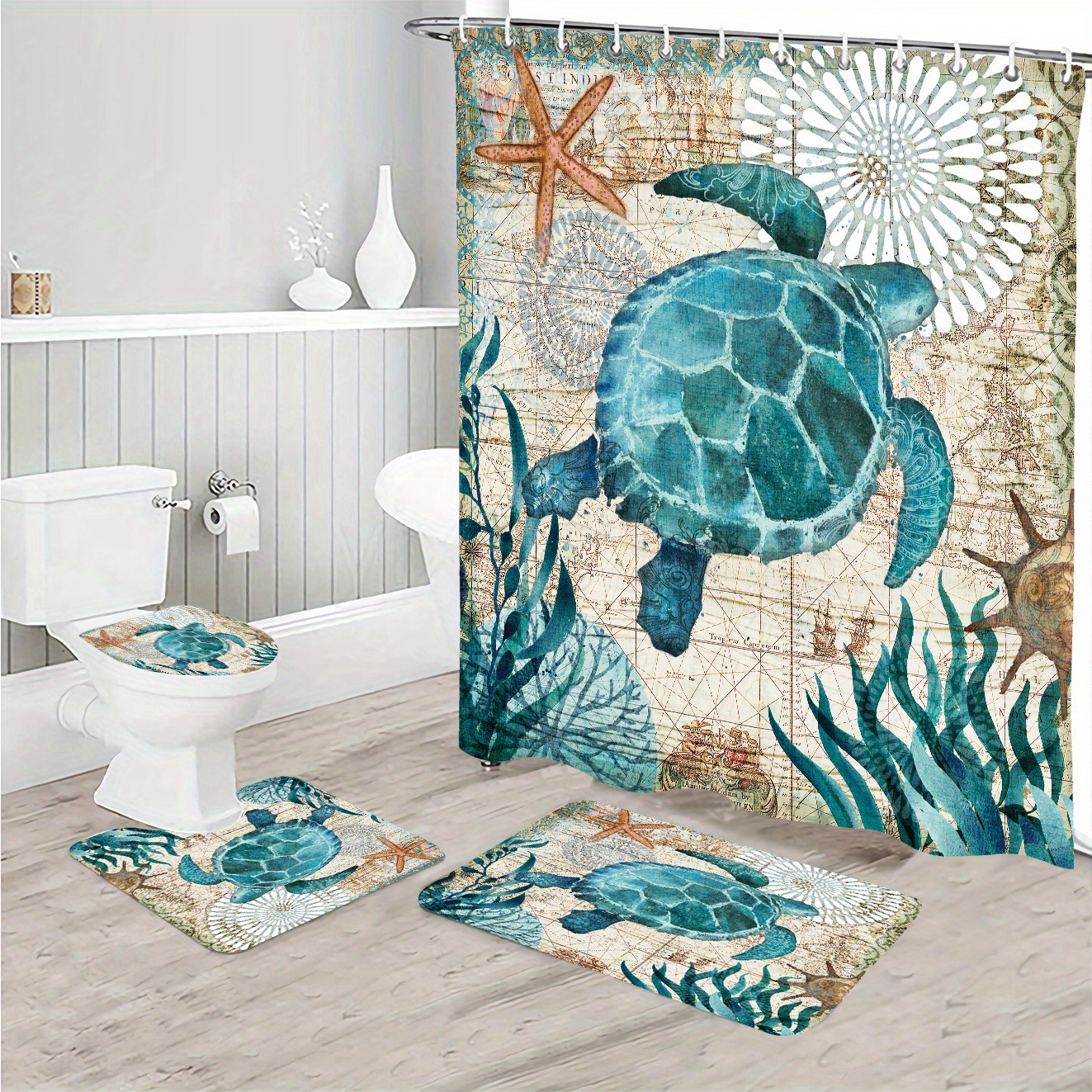 Ocean Turtle Bathroom Set Bathroom Mat Set Bath Curtain - Temu