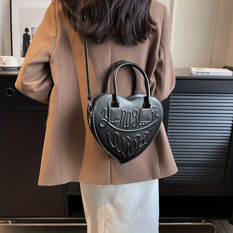 Love Heart Shaped Handbag For Women, Letter Embossed Crossbody Bag