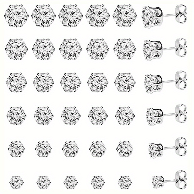 Stainless Steel Cubic Zirconia Stud Earring 6 Sizes Round - Temu
