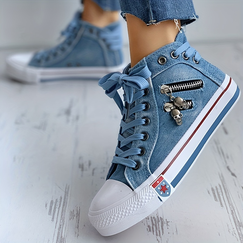 womens denim high top sneakers fashion skull zipper decor lace up shoes casual canvas shoes details 1