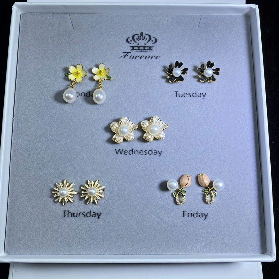 5 Pairs S925 Silver Pin Workday Earrings Set Natural Freshwater Cultured Pearl Decor Multicolor Flower Earrings Jewelry, Jewels Set for Girls,Temu