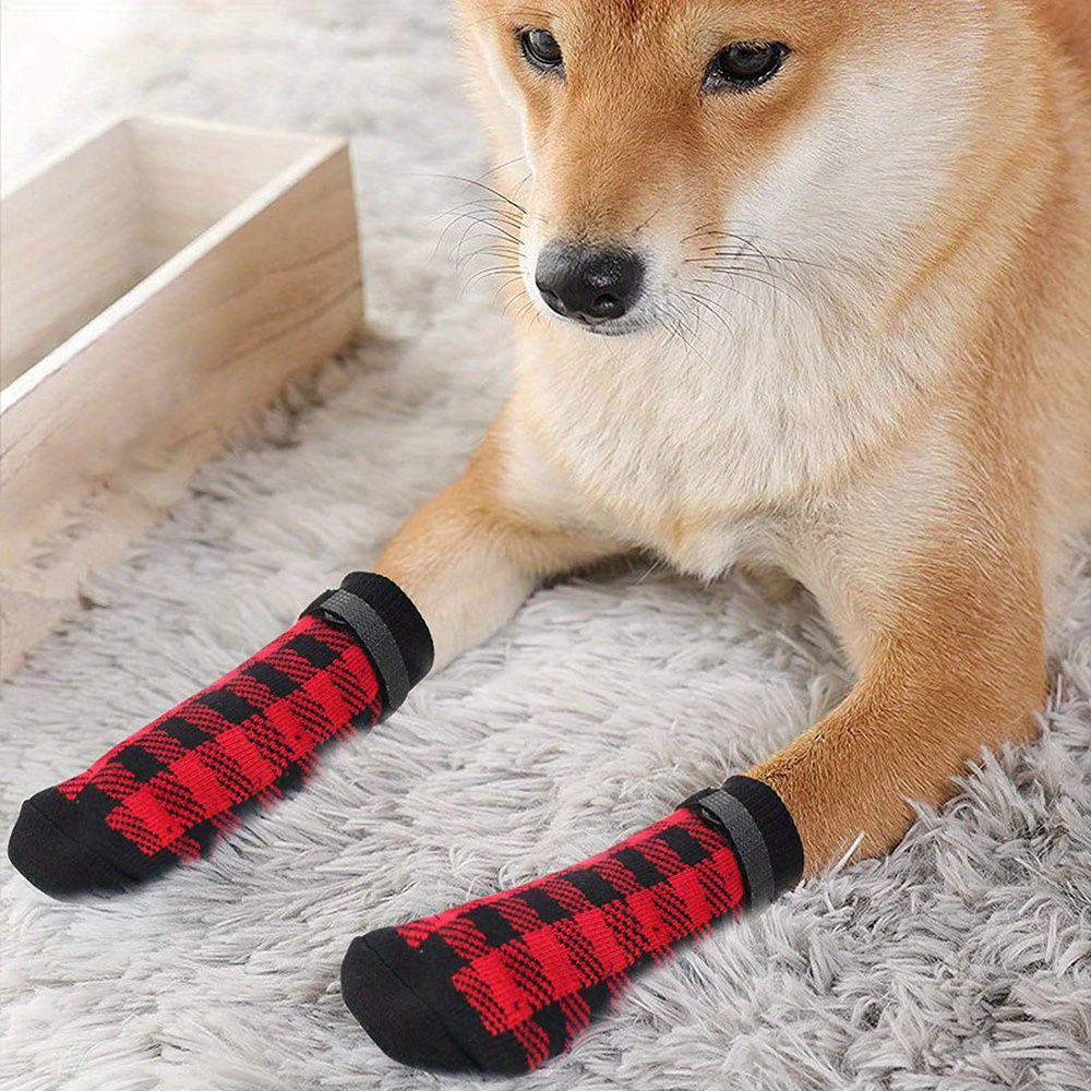 Adjustable Dog Socks Shoes with Anti-Slip Waterproof Rubber for Outdoor Traction Control - Puppy Pet Paw Protectors with Easy Fasten Tape, Ideal for Hardwood Floors, Available in Black, Red, and Brown Designs, Dog Walking Shoes
