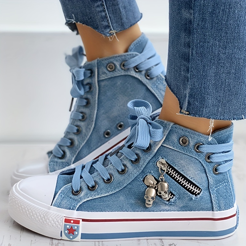 womens denim high top sneakers fashion skull zipper decor lace up shoes casual canvas shoes details 4