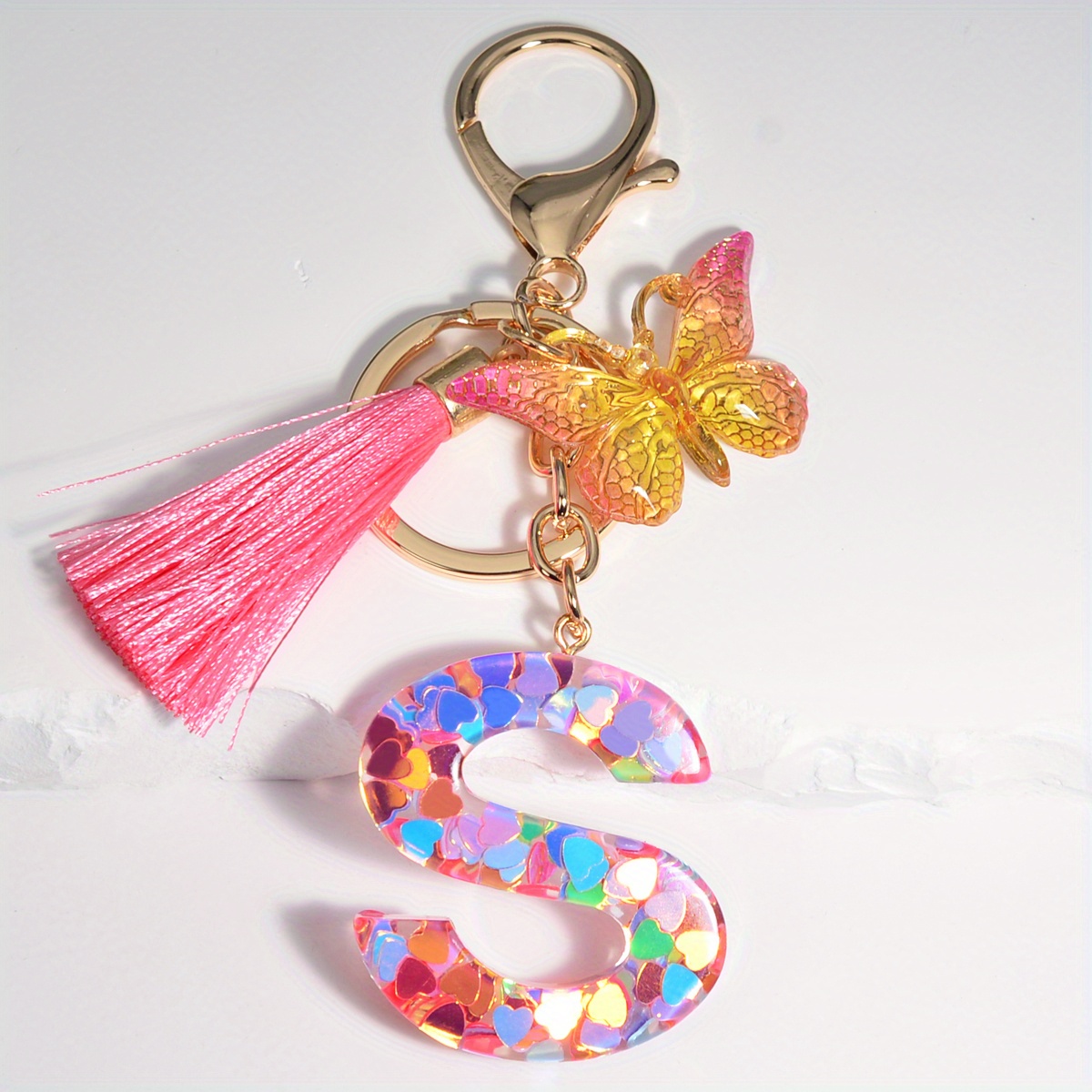 1pc Resin English Letter Shape Keychain Pendant with Tassel Bag Ornament Key Ring,Temu