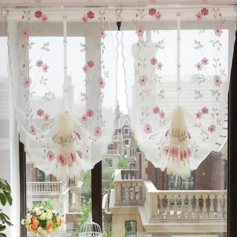 1pc elegant red flower embroidery roman curtain for living room bedroom kitchen perfect   kitchen home decor details 1