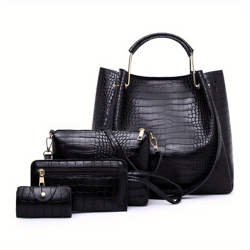 Crocodile Pattern Handbag Set: Tote, Crossbody, Clutch, Card Holder
