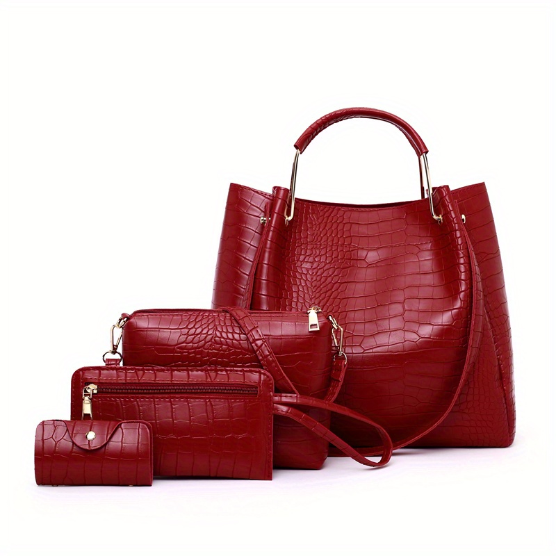 Crocodile Pattern Handbag Set: Tote, Crossbody, Clutch, Card Holder