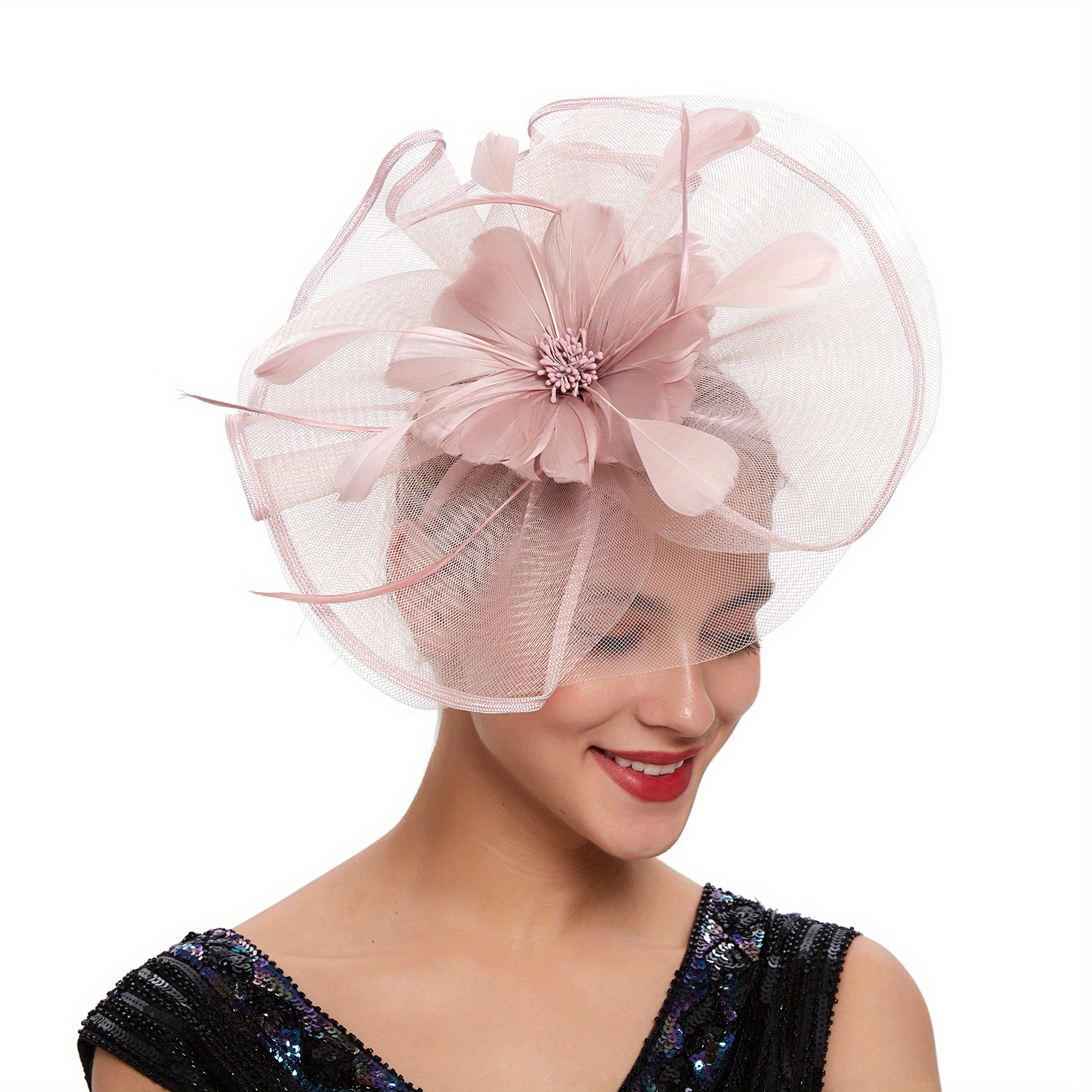 Large Mesh Faux Feather Fascinator Elegant Mesh Head Piece Tea Party Horse Race Hair Accessories