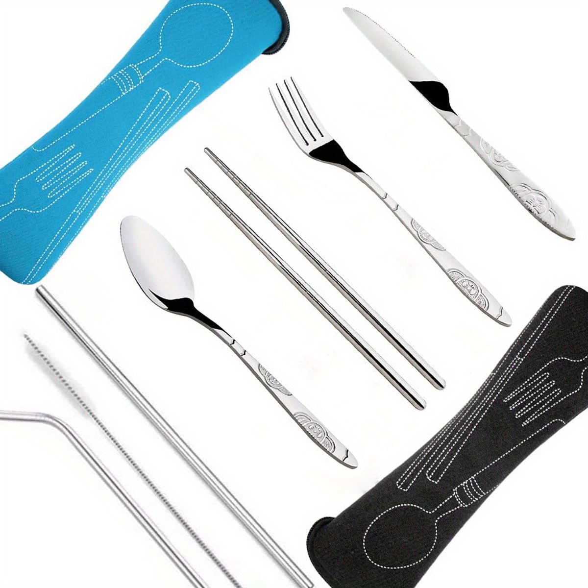 US$ 9.59 - Berglander Portable Utensils,Travel Camping Flatware  Set,Stainless Steel Silverware Set,Include  Knive/Fork/Spoon/Chopsticks/Straws/Brush/Portable Case(Silver-8 Piece) … -  m.