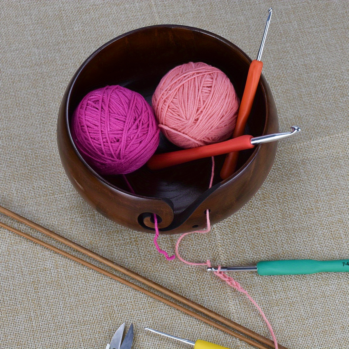 Looen Wooden Yarn Bowls for Crocheting Crochet Bowl Knit Bowls for Yarn Crochet Basket Wool Storage Basket Round with Holes Handmade Craft Crochet Kit