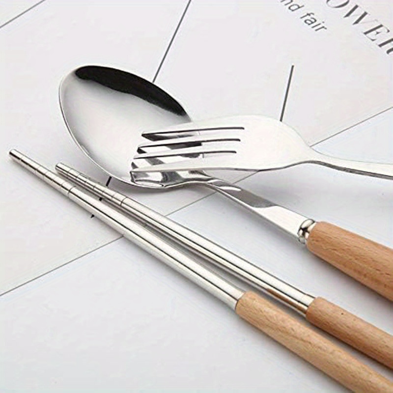 Reusable Wooden Utensil Set With Stainless Steel Flatware