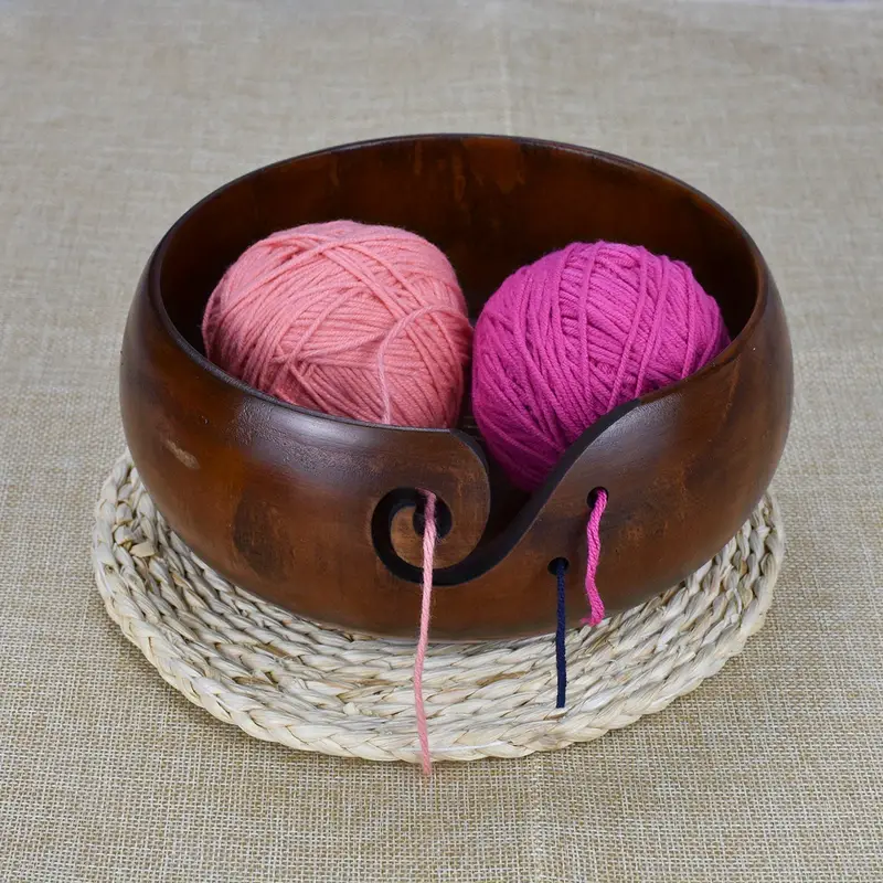 UTENEW Wooden Yarn Bowls for Crochet Knitting Wool Storage Basket Round  with Holes Handmade Craft Crochet Kit