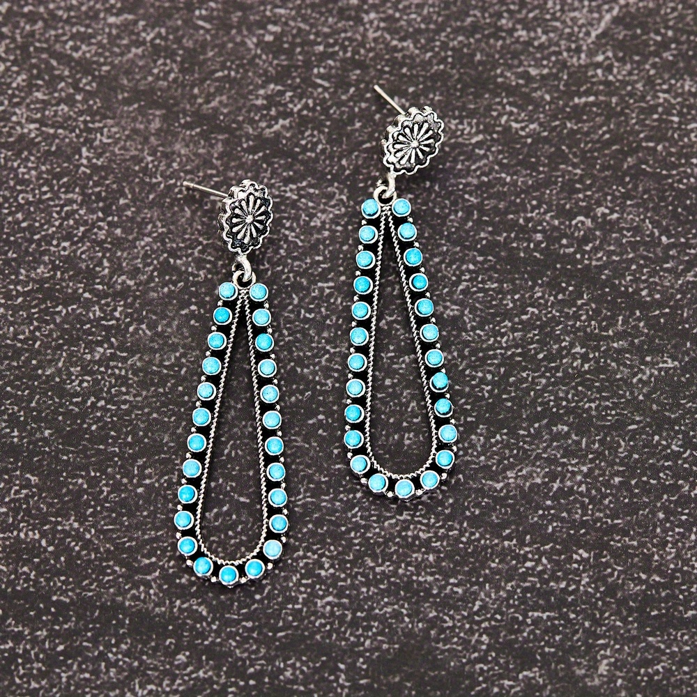 flower pattern hollow teardrop shape with blue turquoise decor dangle earrings retro bohemian style alloy jewelry casual decor silvery 6