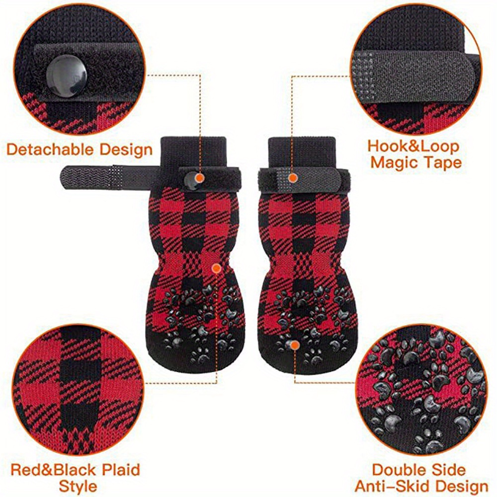 Adjustable Dog Socks Shoes with Anti-Slip Waterproof Rubber for Outdoor Traction Control - Puppy Pet Paw Protectors with Easy Fasten Tape, Ideal for Hardwood Floors, Available in Black, Red, and Brown Designs, Dog Walking Shoes